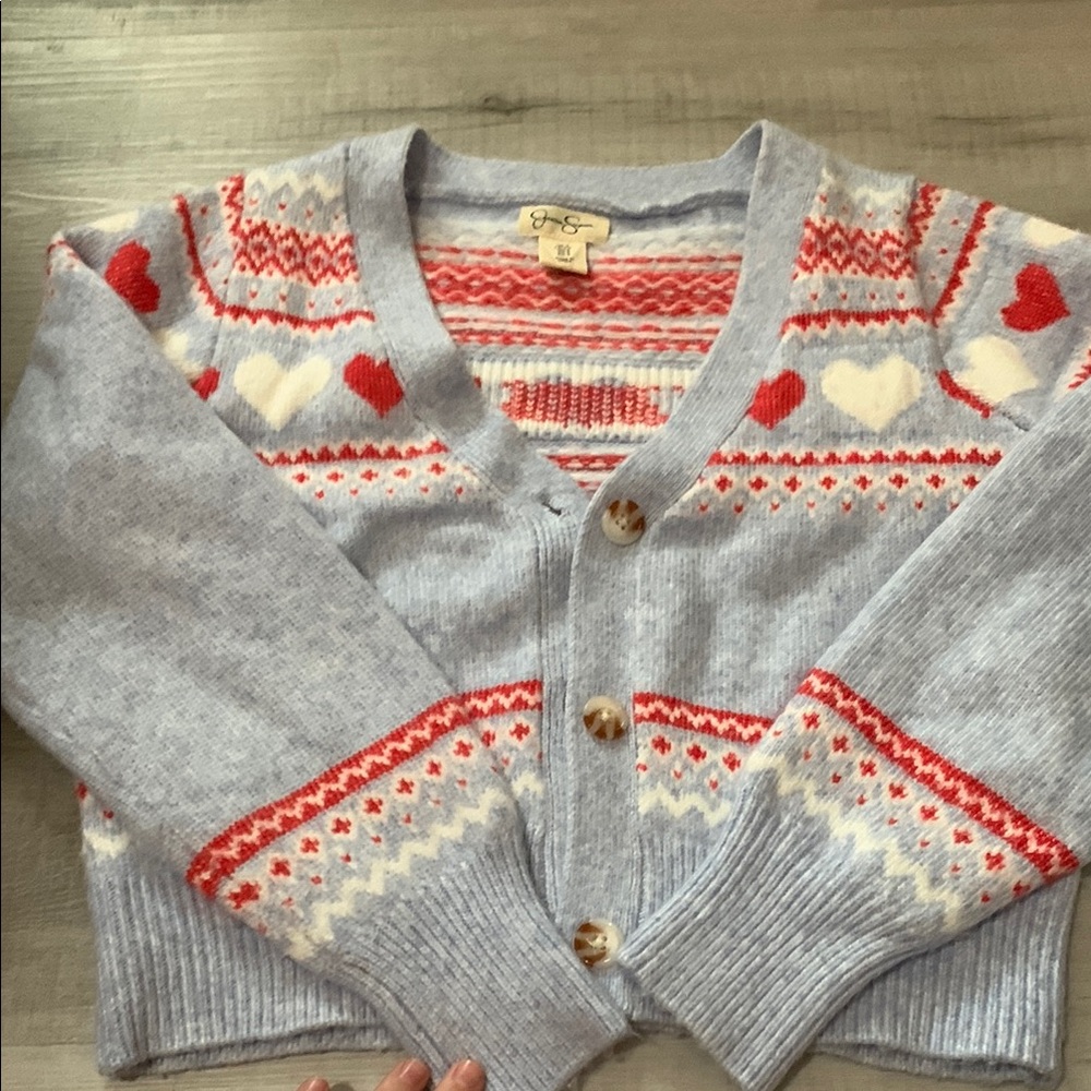 Blue and Red Cardigan Sweater with Nordic Heart Pattern Jessica Simpson Women’s